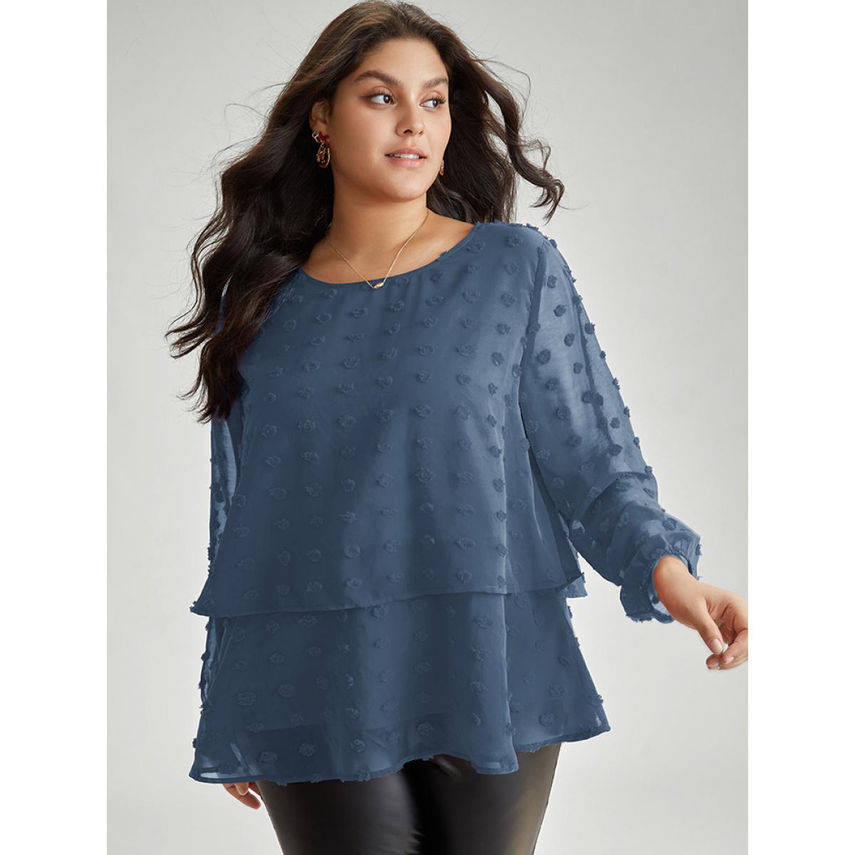 Plus Size Stone Solid Textured Lantern Sleeve Tiered Hem Blouse Women Elegant Long Sleeve Round Neck Everyday Blouses BloomChic 10/M Product Image