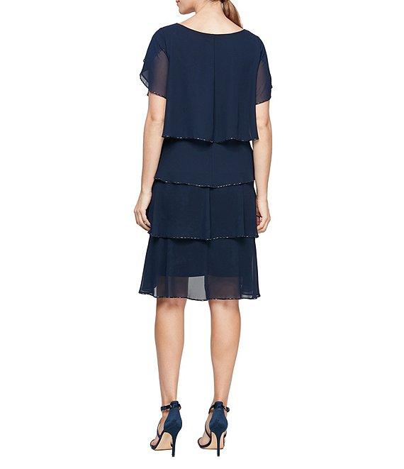 Ignite Evenings Petite Size Short Sleeve Round Neck Beaded Trim Tiered Dress Product Image