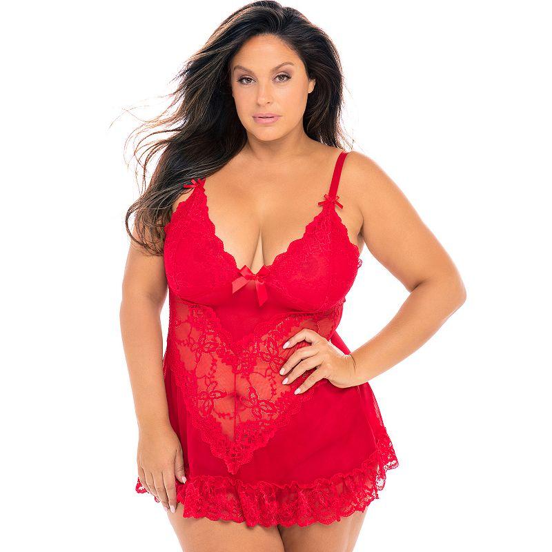 Plus Size Oh La La Cheri Valentine Soft Cup Lace Babydoll & G-String Set 2139X, Women's, Size: 1XL-2XL, Black Product Image