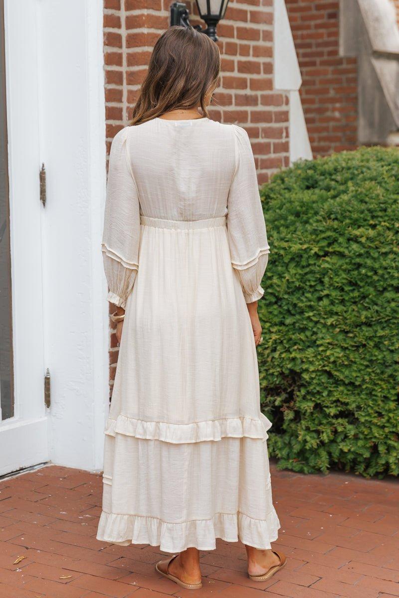 Natural Lace Embroidered Tiered Maxi Dress Product Image