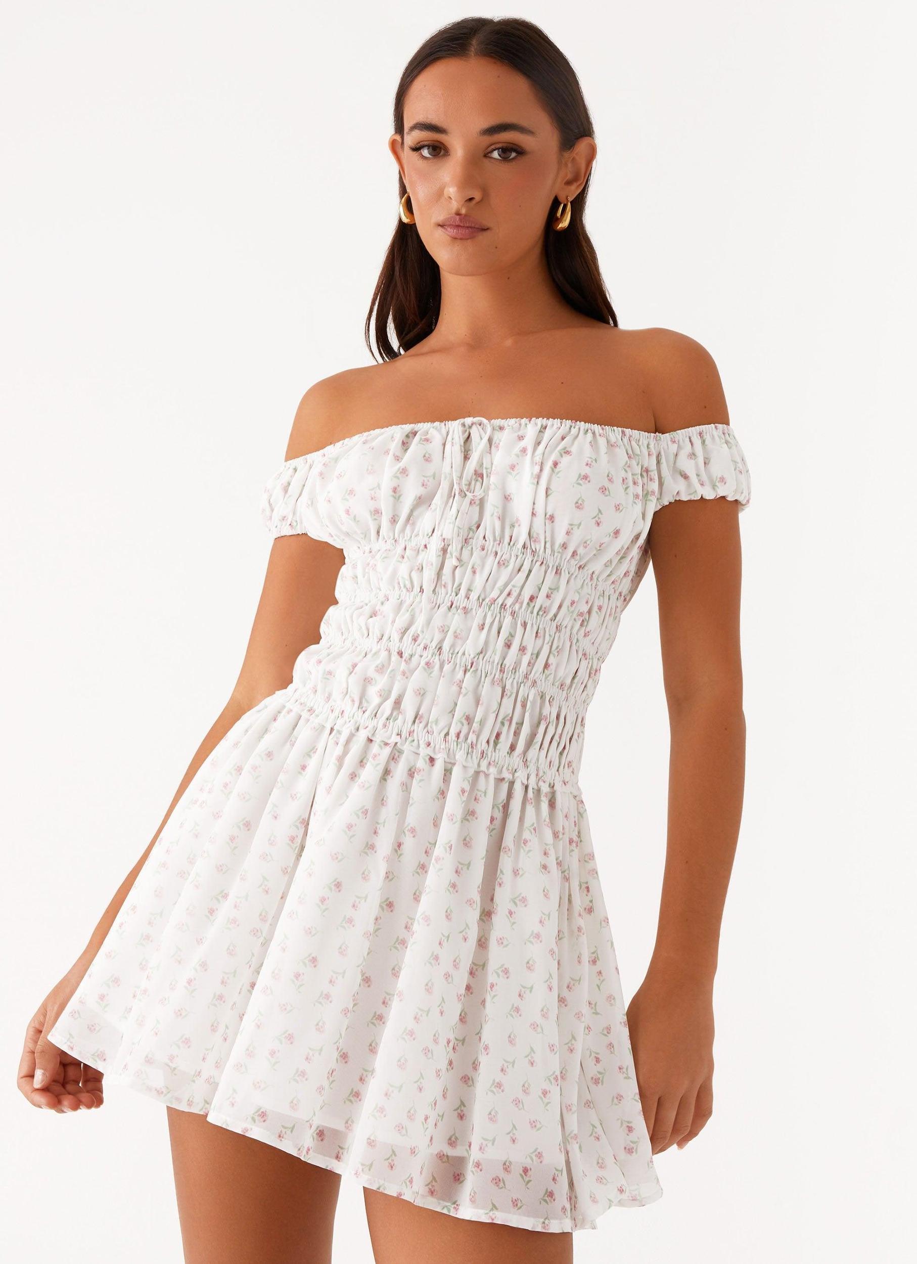 Total Bliss Shirred Mini Dress - White Floral Product Image