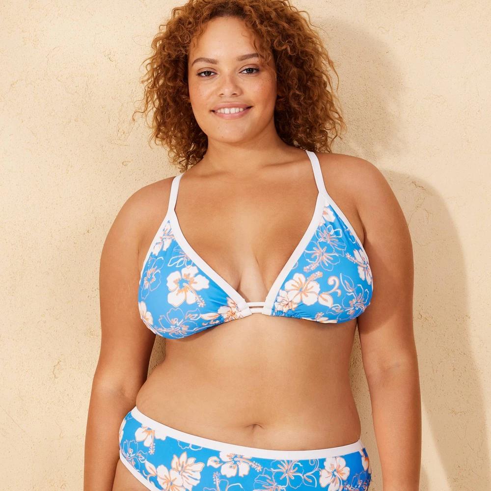 Women's Contrast Binding Triangle Bikini Top - Wild Fable™ Blue Floral Print L: Crisscross Back, Removable Cups, Hand Wash Product Image