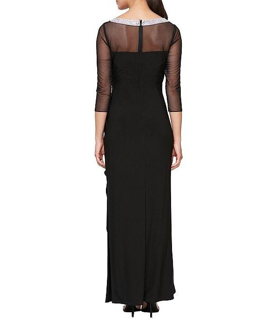 Alex Evenings Illusion Mesh 3/4 Sleeve Round Neck Side Slit Ruched Gown Product Image