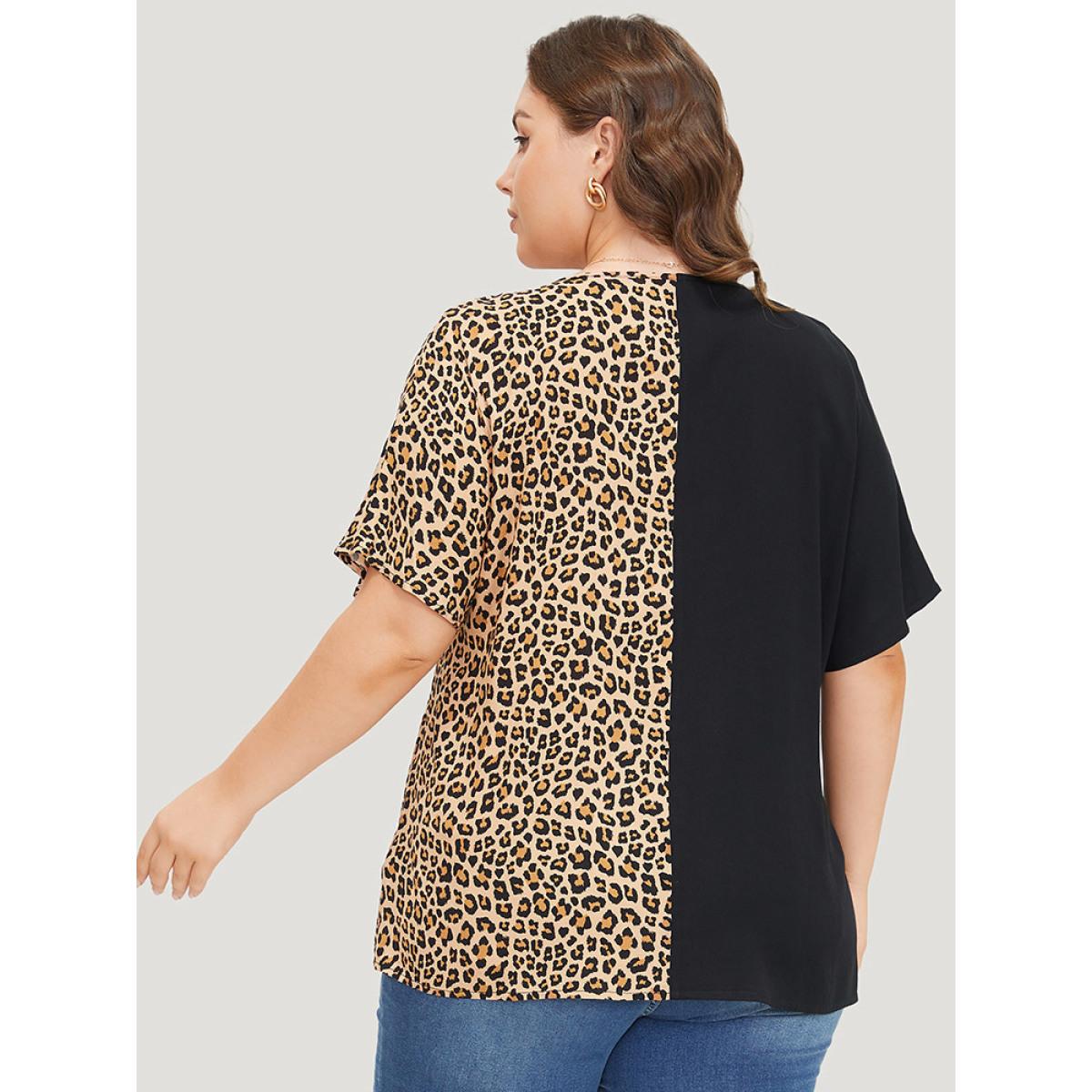 Plus Size Black Leopard Patchwork Dolman Sleeve Blouse Women Elegant Short sleeve V-neck Dailywear Blouses BloomChic 22-24/3X Product Image