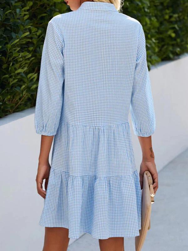 A-Line Loose Buttoned Plaid Split-Joint Stand Collar Mini Dresses Shirt Dress Product Image