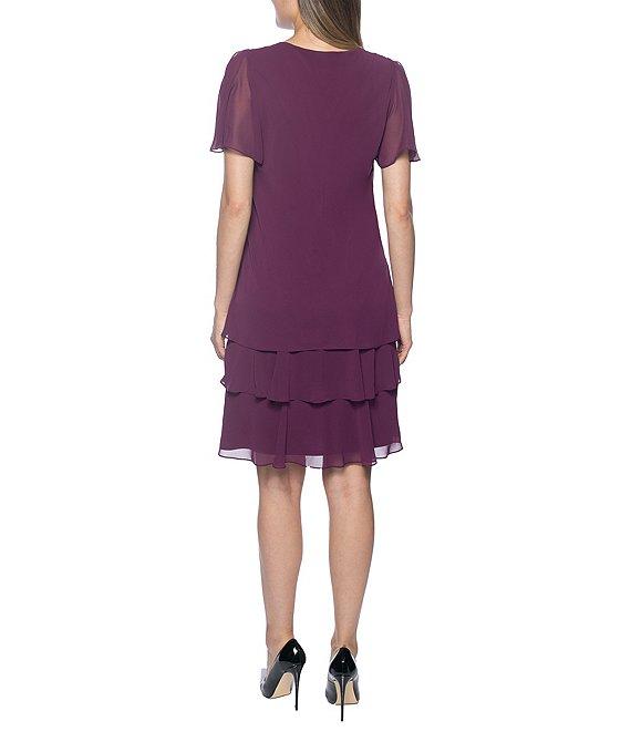 Marina Tiered Chiffon Rhinestone Keyhole V-Neck Flutter Short Sleeve Dress Product Image