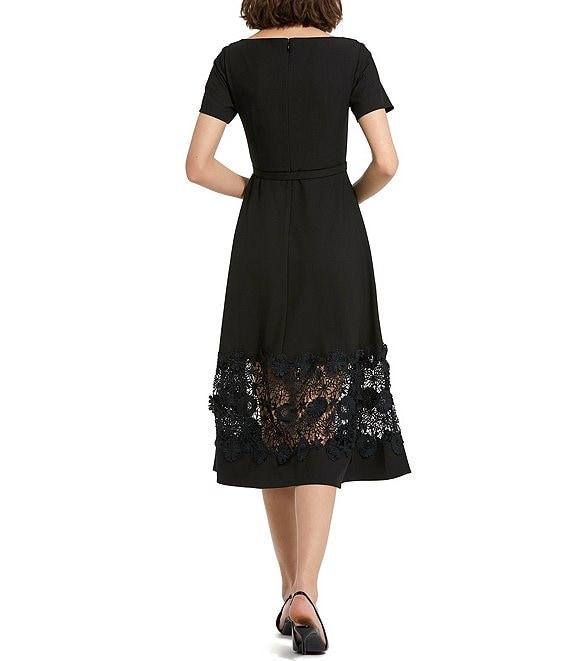 Mac Duggal Crepe Round Neck Short Sleeve Applique Lace Belted Midi A-Line Dress Product Image