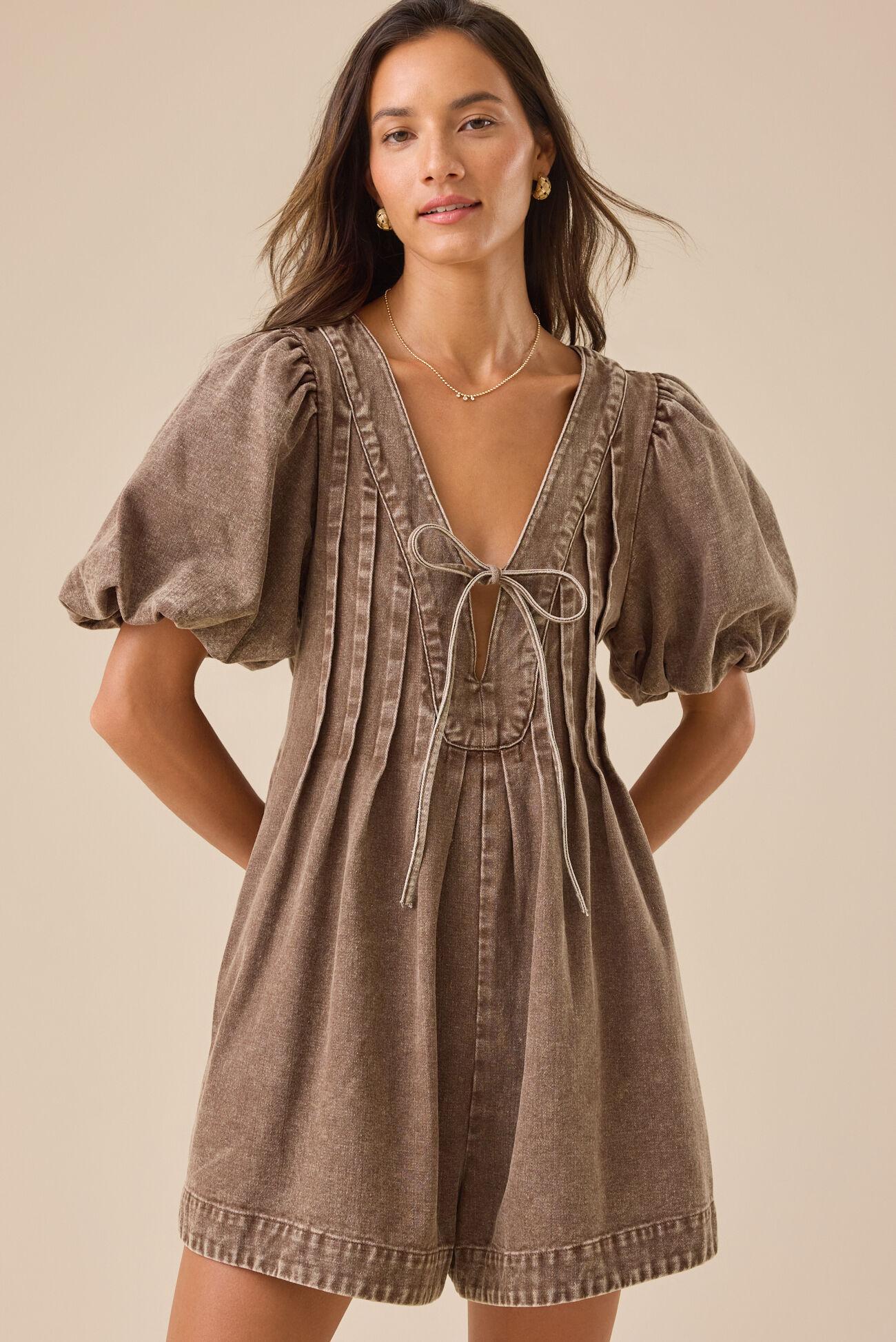 Evie Puff Sleeve Denim Romper Product Image