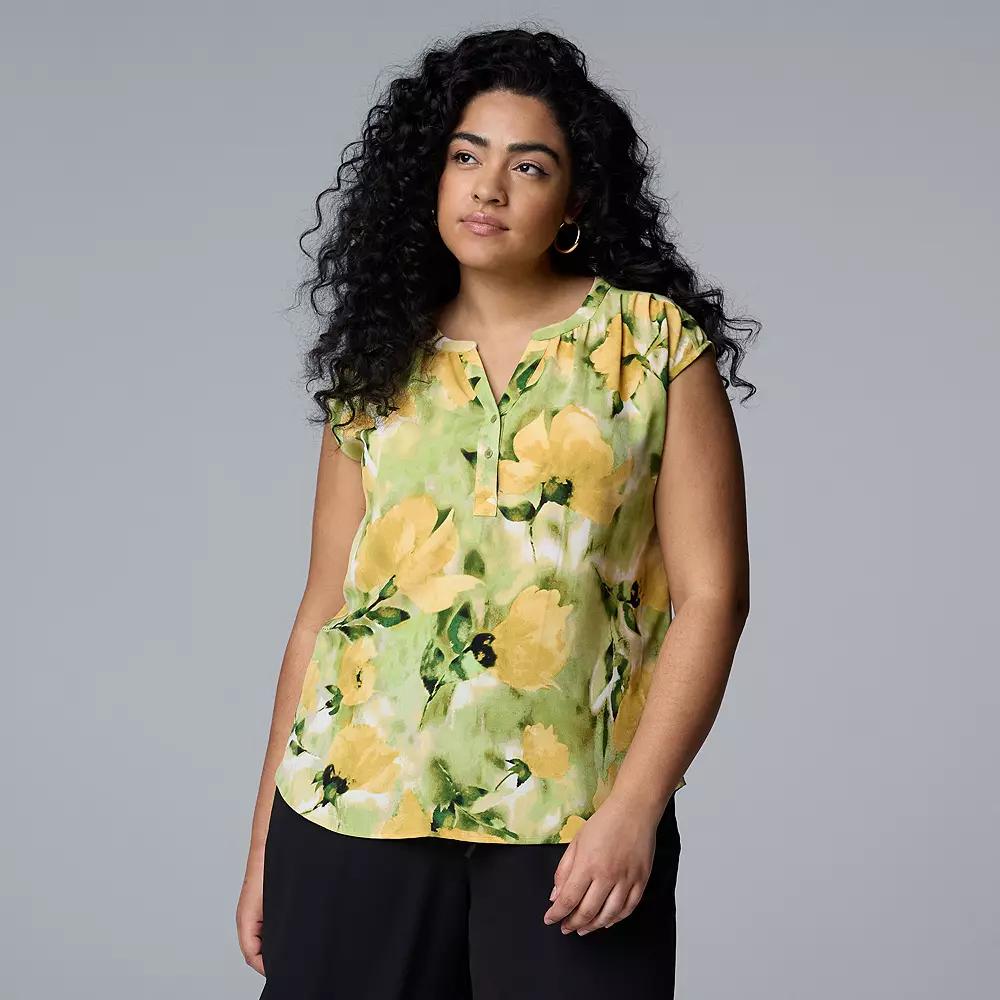 Plus Size Simply Vera Vera Wang Short Dolman Sleeve Popover Blouse, Women's, Size: 0X, Yellow Lt Green Floral Product Image