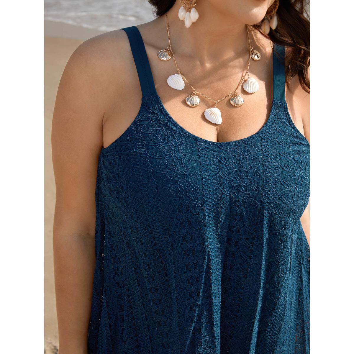 Plus Size Lace Hi-Low Hem Flared Tiered One-Piece Swimsuit Women's Swimwear Cyan Beach Gathered Curve Bathing Suits High stretch One Pieces BloomChic 12/L Product Image