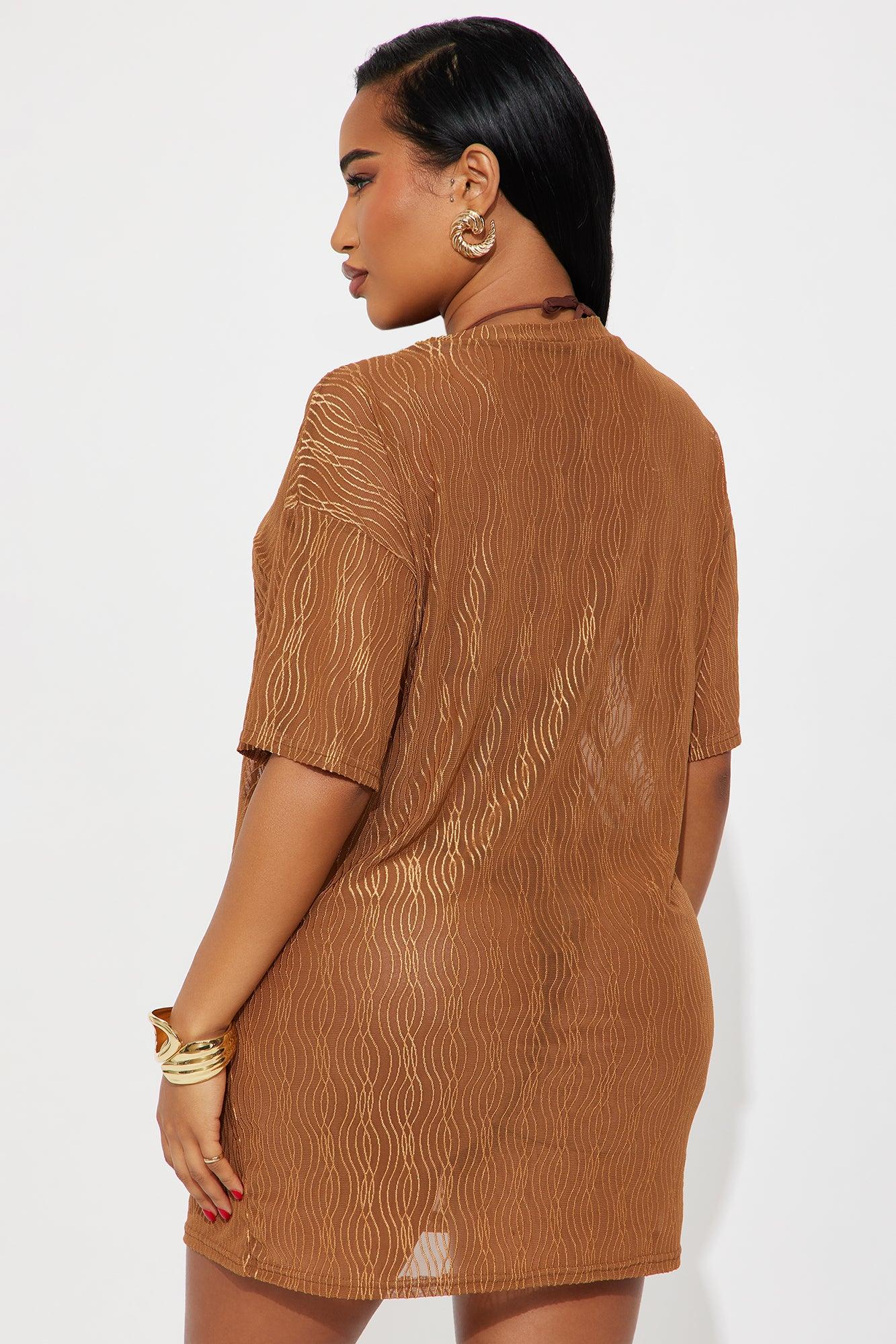 Summer Wave Textured Mesh Cover Up Dress - Mocha Female Product Image