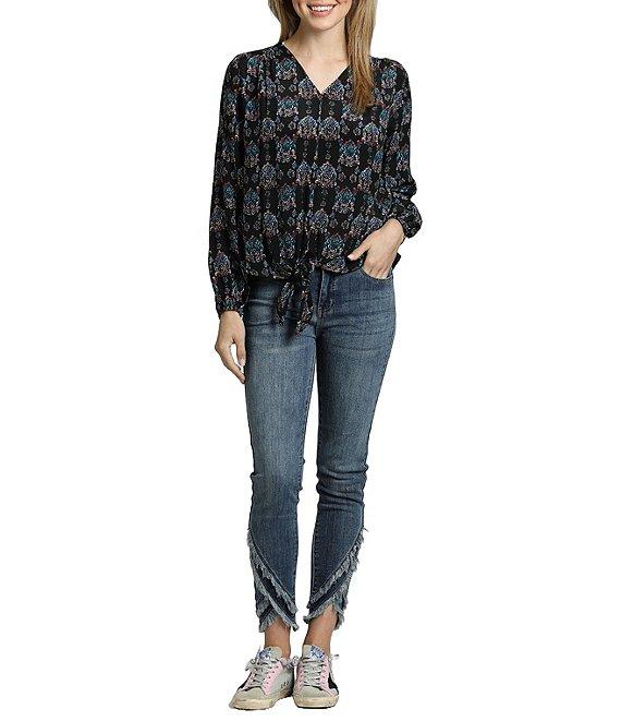 APNY Printed V-Neckline Long Sleeve Tie Front Top Product Image