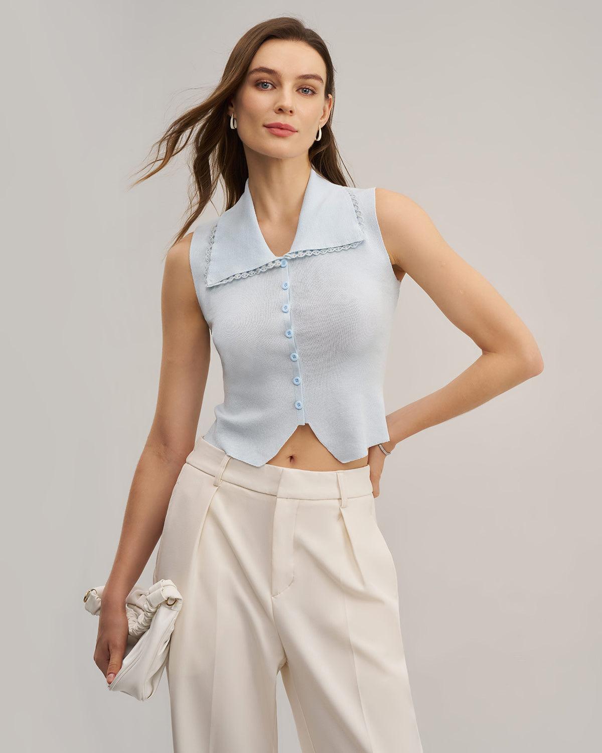 Blue Knit Cropped Tank Top Product Image