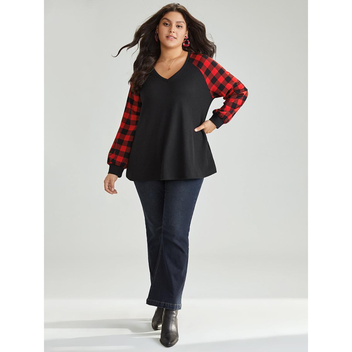 Plus Size Waffle Knit Plaid Patchwork Raglan Sleeve T-shirt Black Women Casual Waffle Knit Plaid V-neck Festival-Christmas T-shirts BloomChic 12/L Product Image