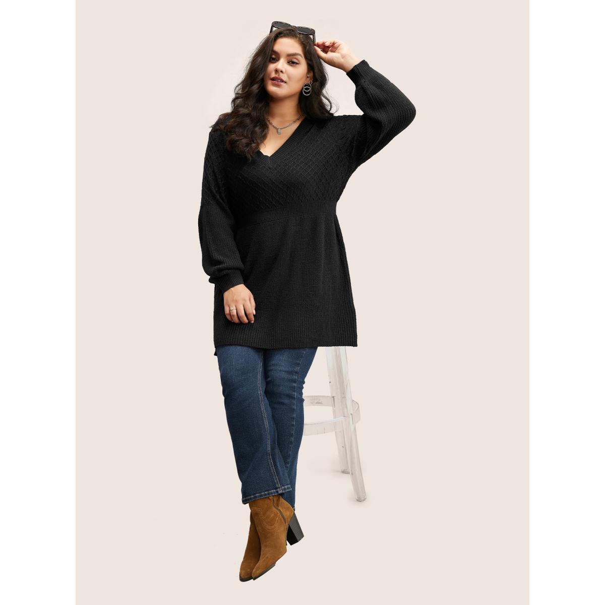 Plus Size Plain Plisse Lantern Sleeve A Line Pullover Black Women Elegant Long Sleeve V-neck Everyday Pullovers BloomChic 28/5X Product Image