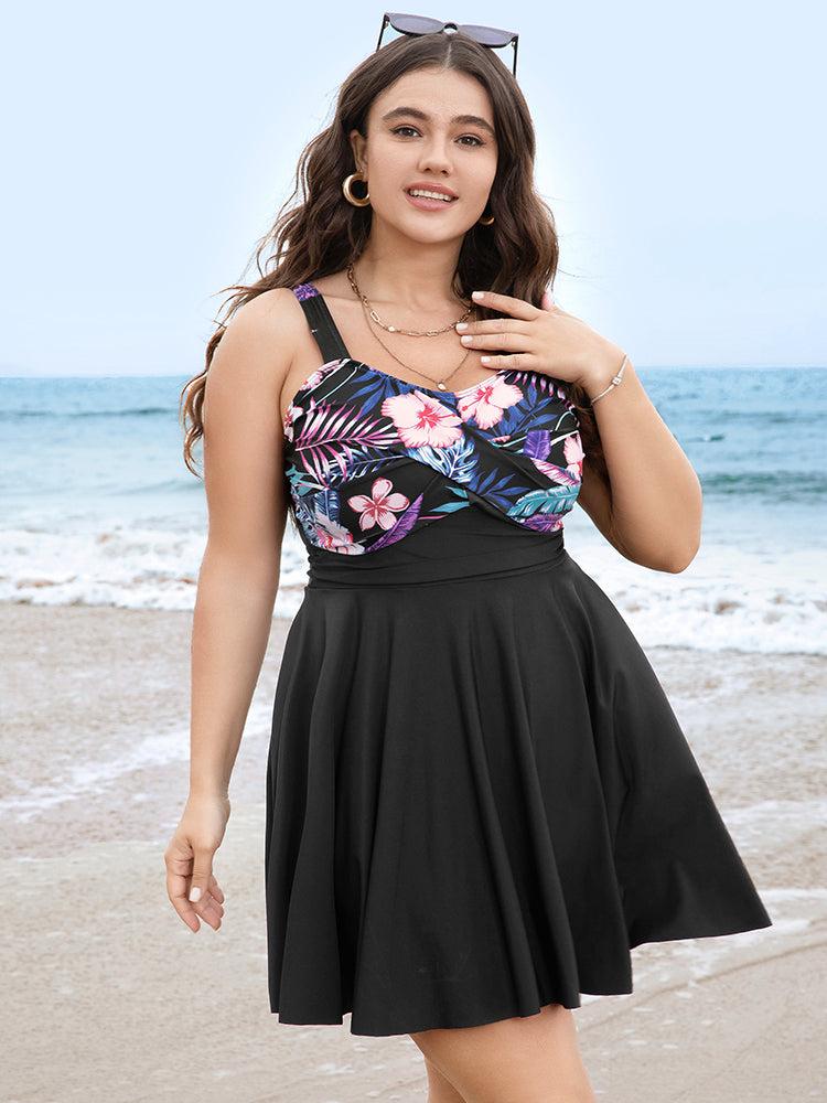 Floral Patchwork Flutter Hem Empire Waist Swim Dress Female Product Image