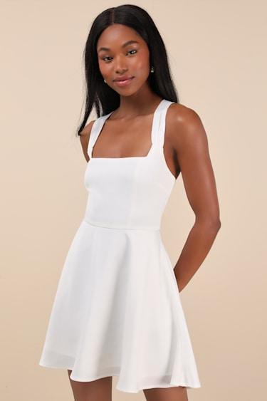 Admirably Chic White Satin Lace-Up Mini Dress With Pockets Product Image