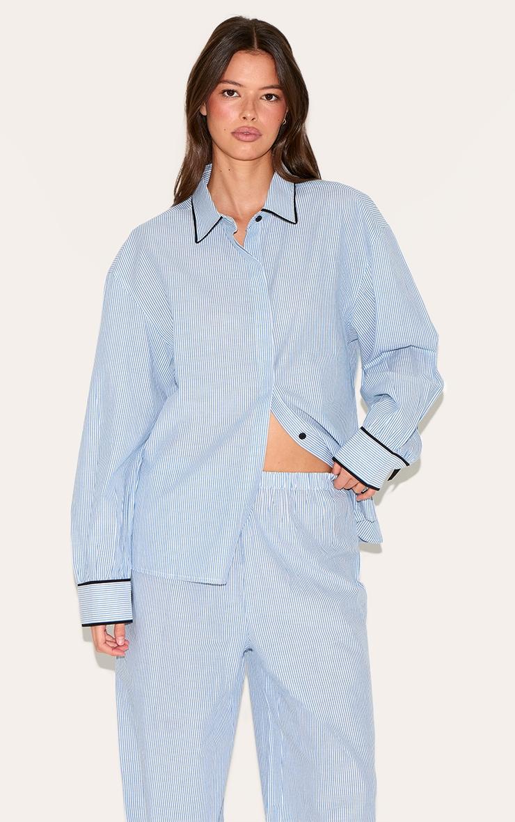 Blue Stripe Contrast Piping Tie Detail Long Pj Set Product Image