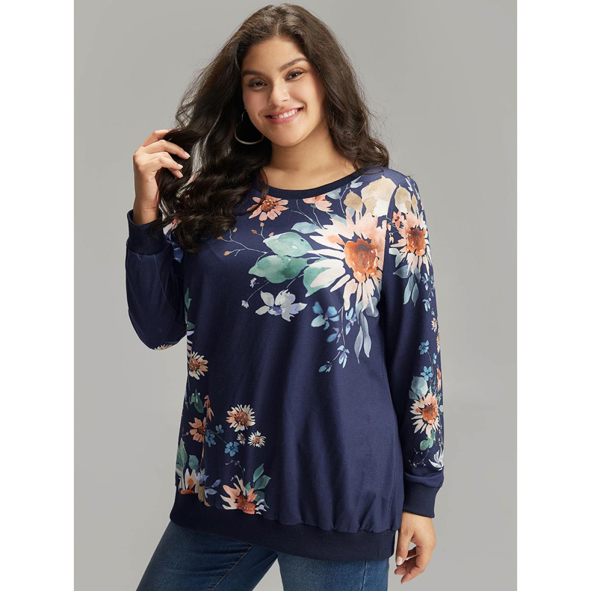 Plus Size Floral Print Round Neck Sweatshirt Women Indigo Casual Elastic cuffs Round Neck Dailywear Sweatshirts BloomChic 28/5X Product Image