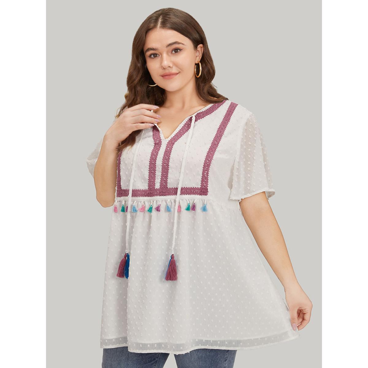 Plus Size White Polka Dot Tassels Ties Mesh Patchwork Contrast Blouse Women Vacation Short sleeve V-neck Dailywear Blouses BloomChic 10/M Product Image