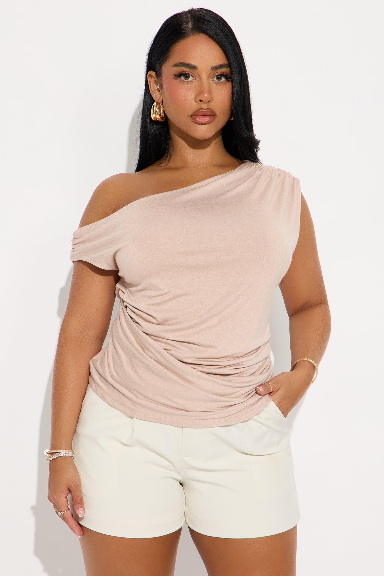Embrace Her Double Lined Off Shoulder Top - Tan Female Product Image