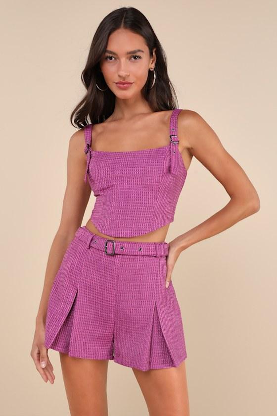 Bold Cutie Purple Tweed Belted Pleated Mini Shorts Product Image