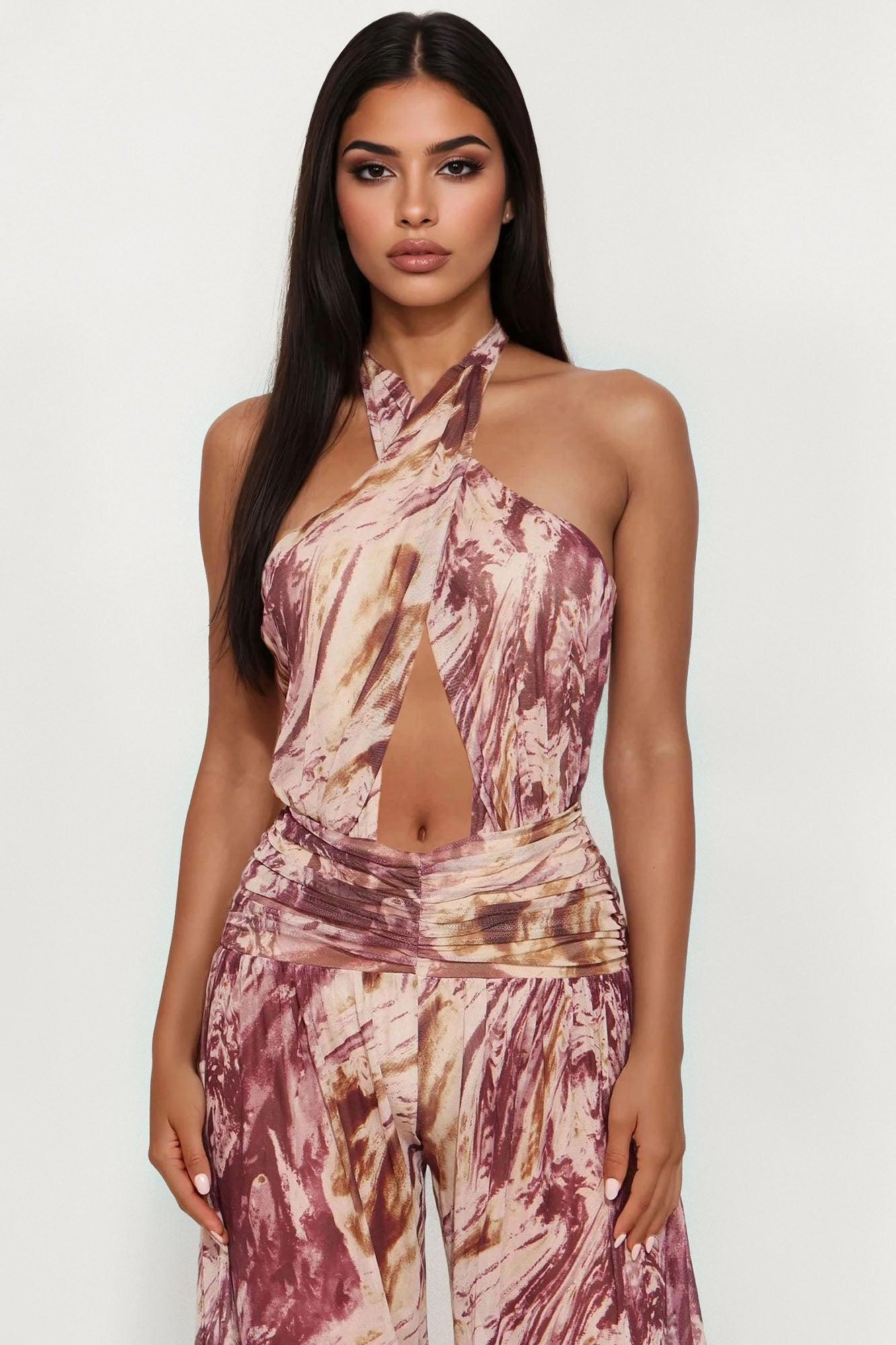 Dianna Mesh Halter Jumpsuit - Brown Female Product Image