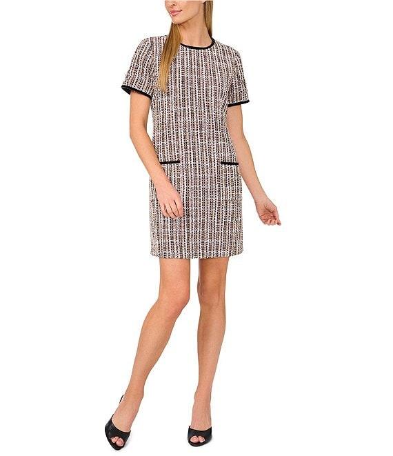 CeCe Tweed Crew Neck Short Sleeve Contrast Trim Shift Dress Product Image