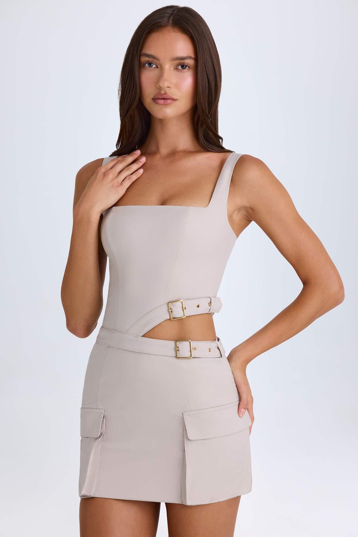 Belted Cut-Out Mini Dress in Taupe Product Image