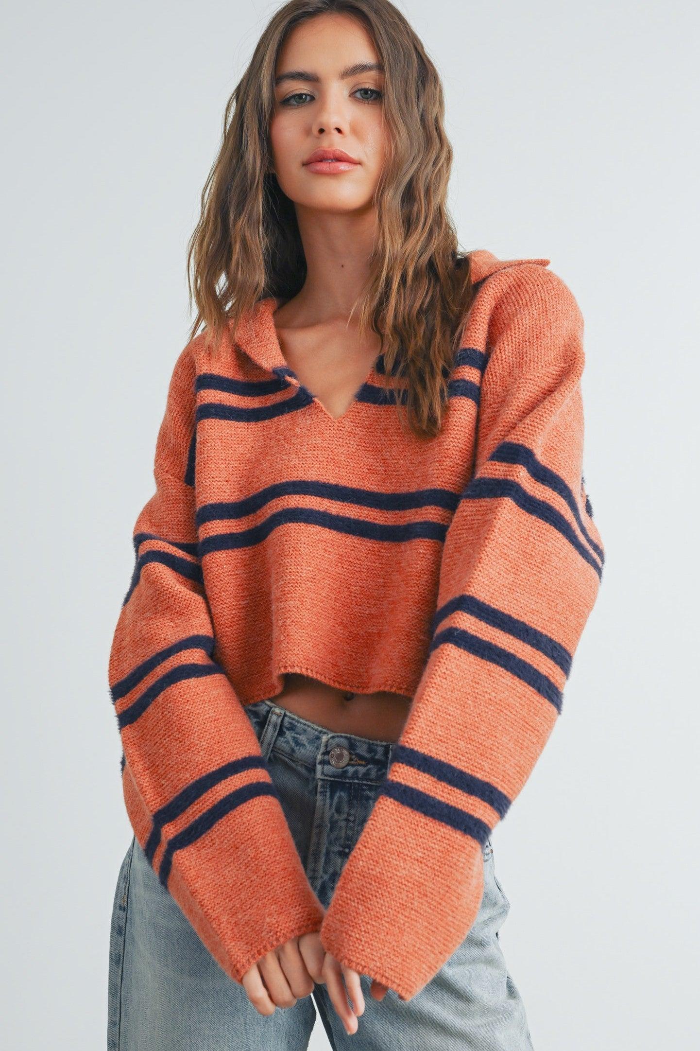 Stripe Cozy Collared Crop Sweater Product Image