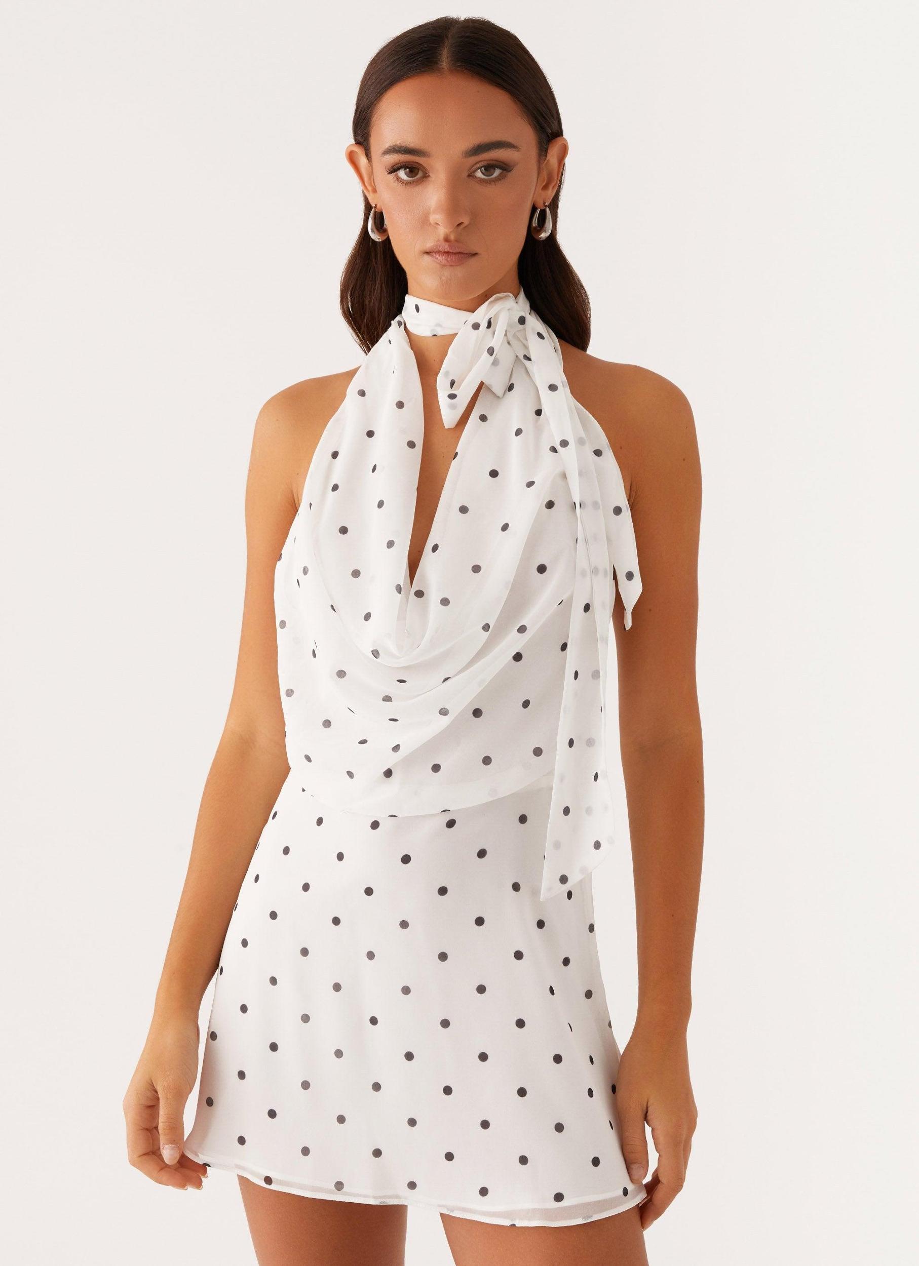 Avalia Backless Scarf Mini Dress - White Polka Dot Product Image