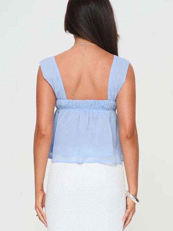 Simple Lace Up Square Neck Blue Tank Top Product Image