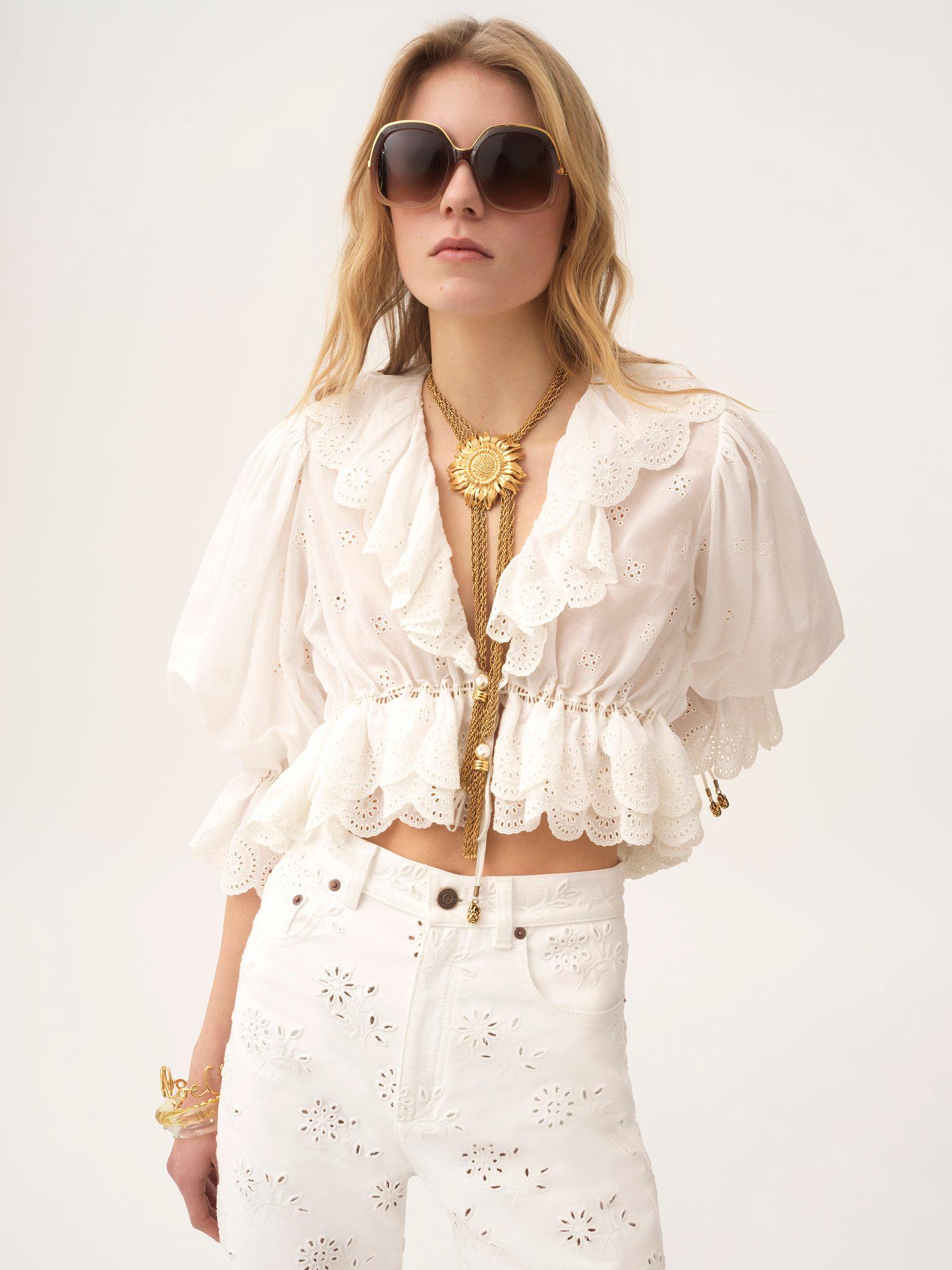 V-neck ruffle top in cotton voile Product Image