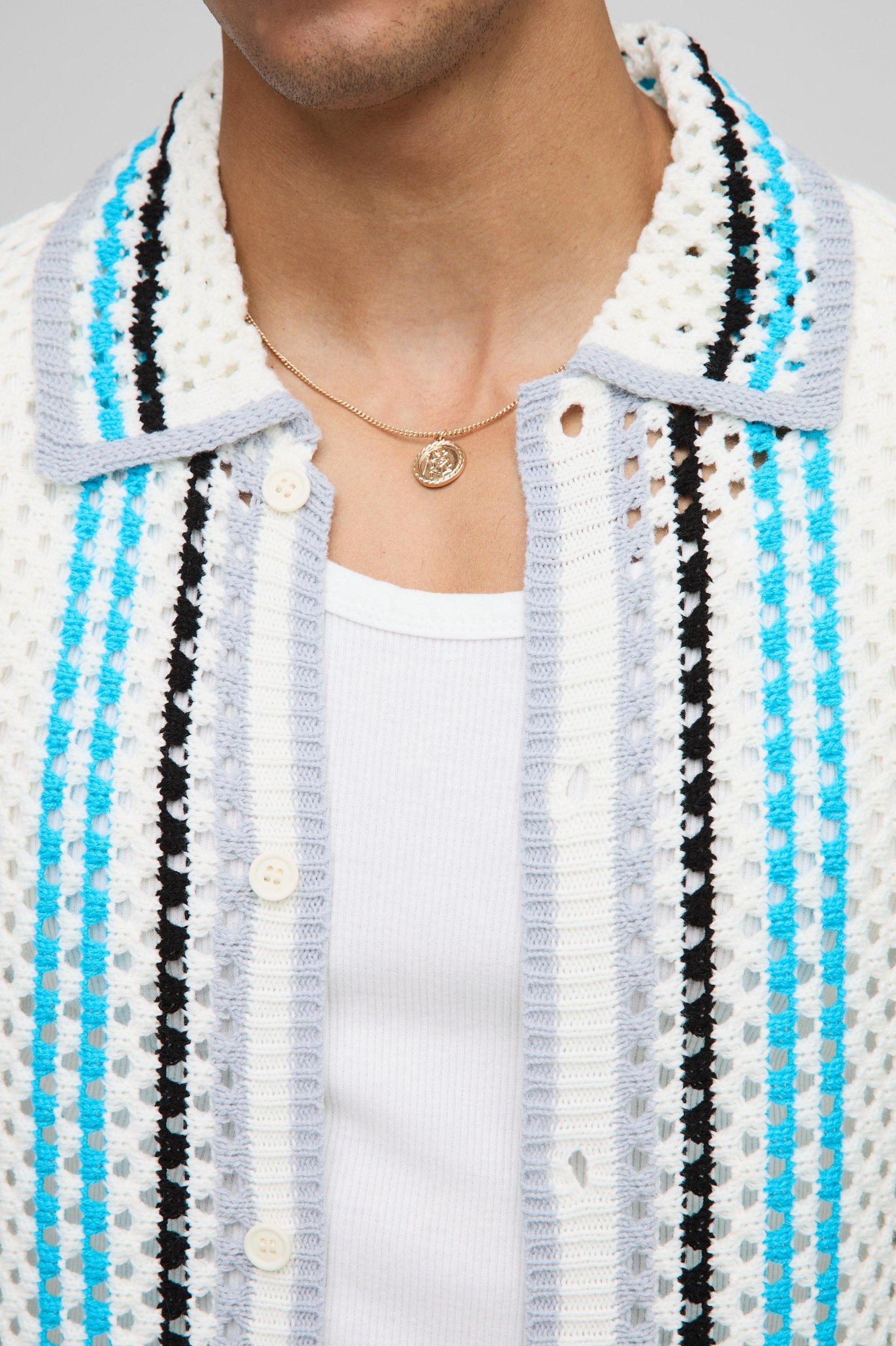 Oversized Boxy Open Knit Stripe Shirt | boohooMAN USA Product Image