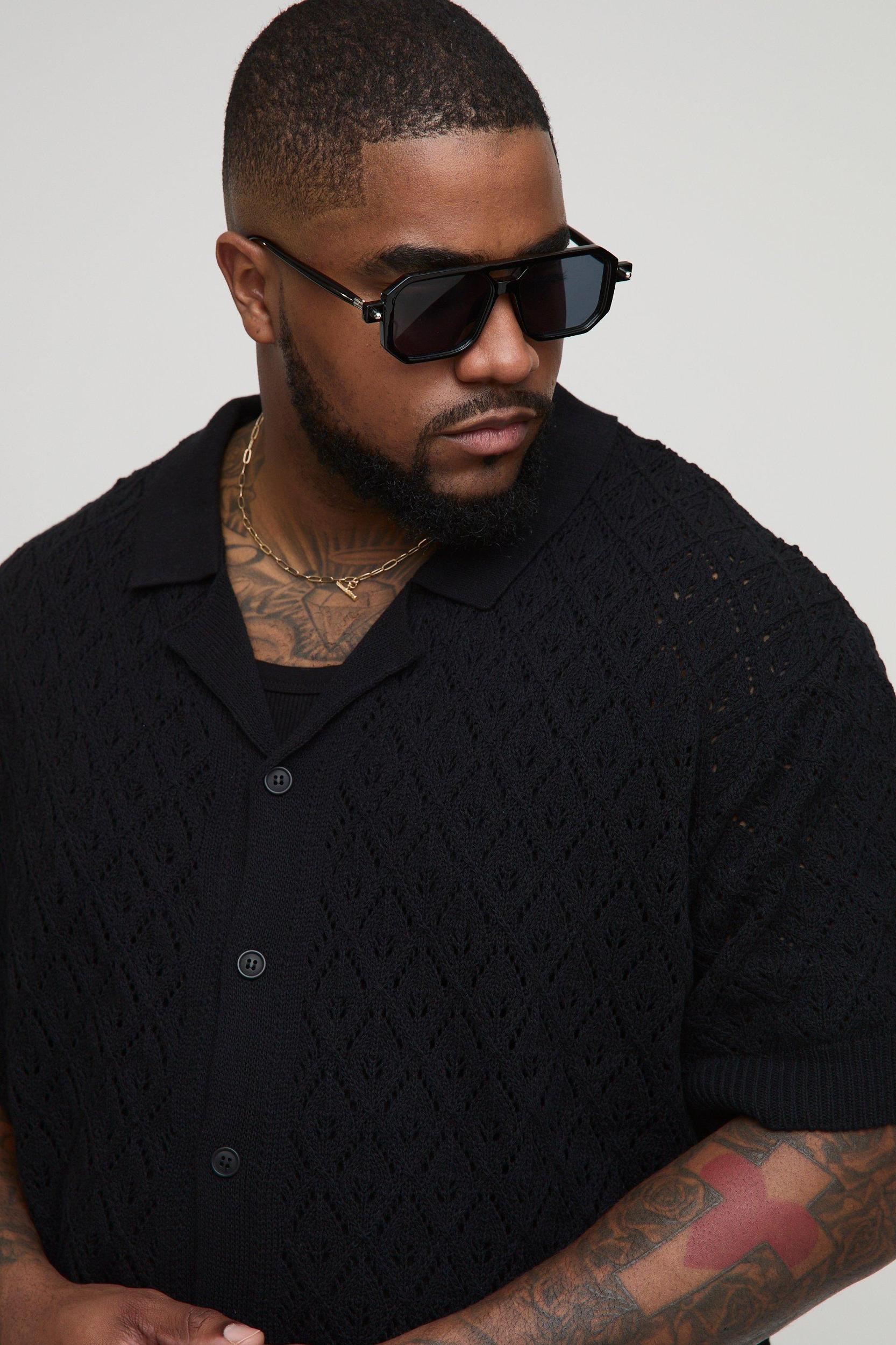 Plus Oversized Leaf Pointelle Crochet Revere Shirt | boohooMAN USA Product Image