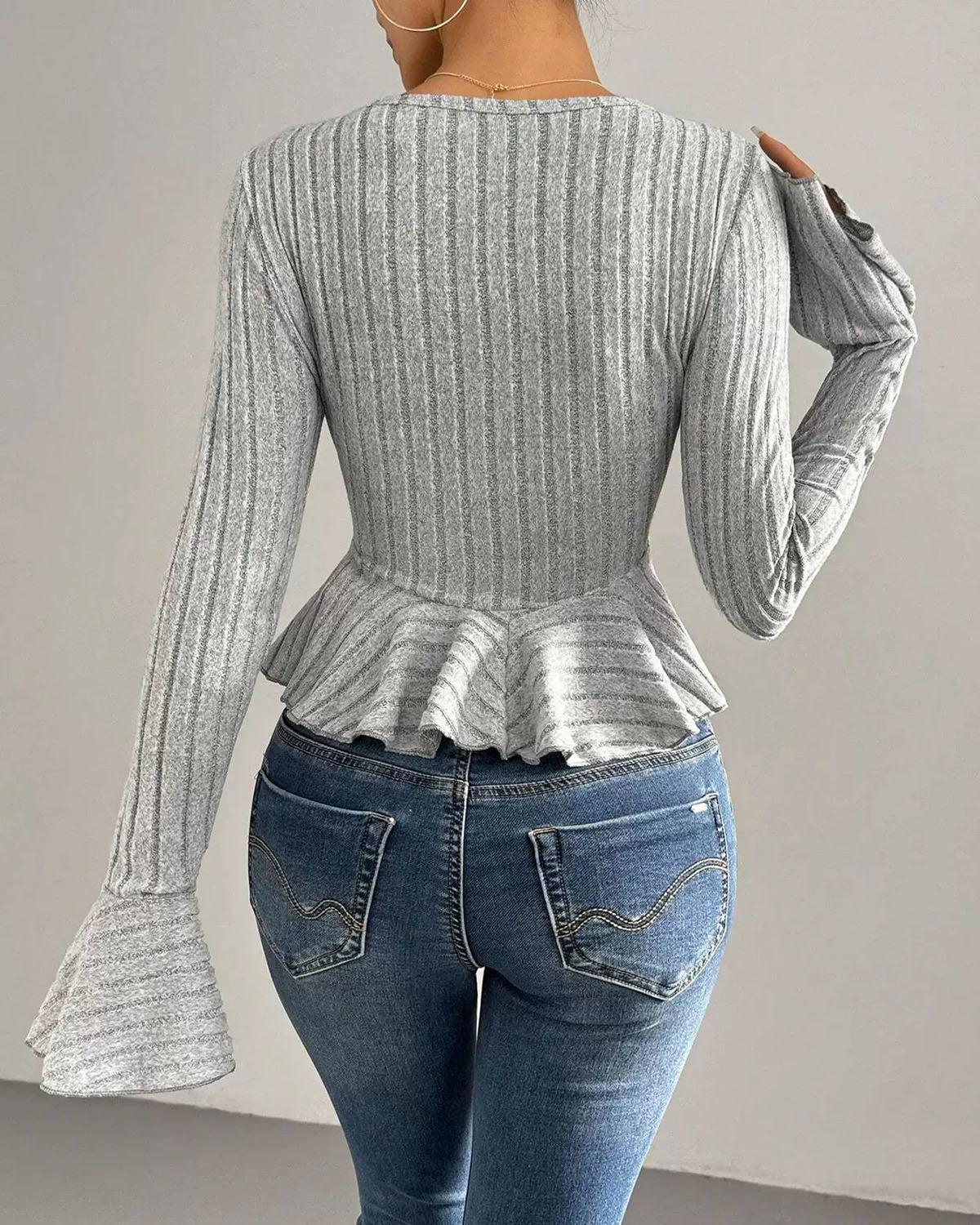 Grey V Neck Bell Sleeve Knit Tee Product Image