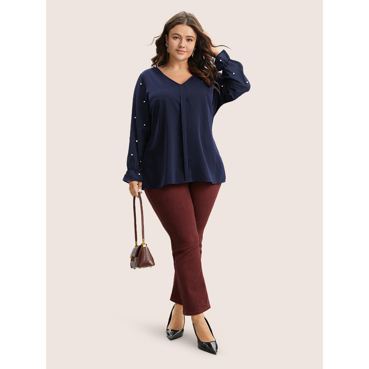 Plus Size Indigo Pearl Beaded Mesh Patchwork Ruffles Blouse Women Cocktail Long Sleeve V-neck Party Blouses BloomChic 12/L Product Image