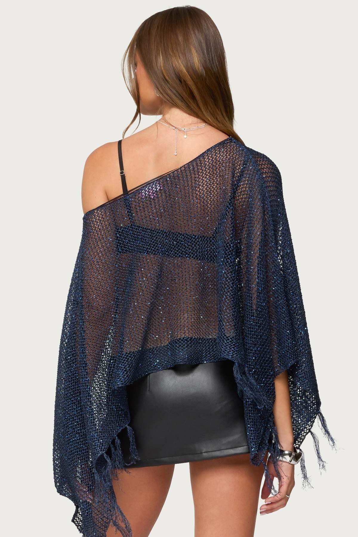 Sequin Fringe Knit Poncho Product Image