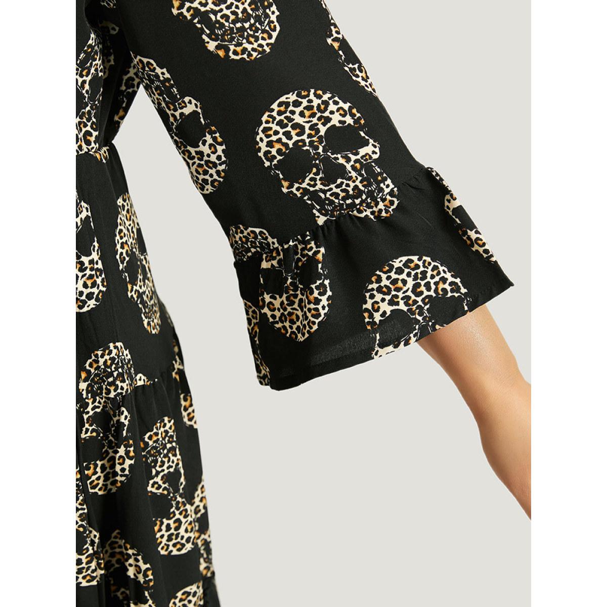 Plus Size Halloween Skull Print Notched Flutter Dress Black Women Office Gathered Notched collar Elbow-length sleeve Curvy Midi Dress BloomChic 14-16/1X Product Image