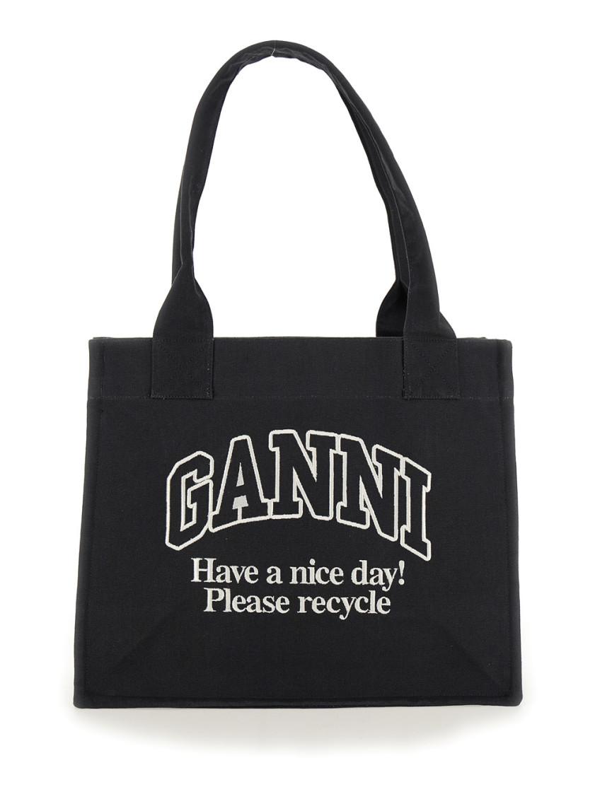 GANNI Black Shopper With Embroidered Logo On The Front In Denim Woman In Multicolor Product Image