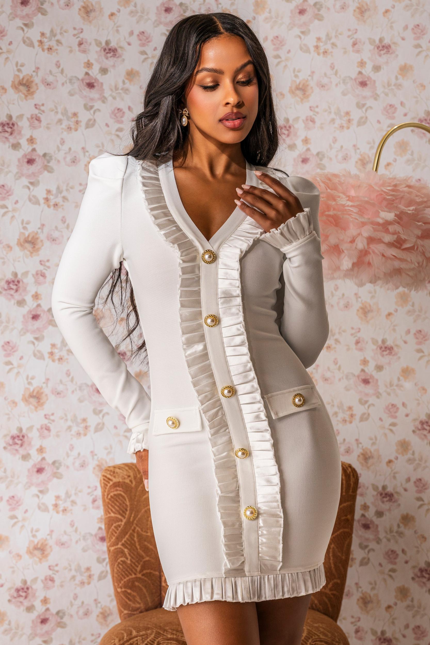 SAKURA BANDAGE RUFFLE MINI DRESS IN WHITE Product Image