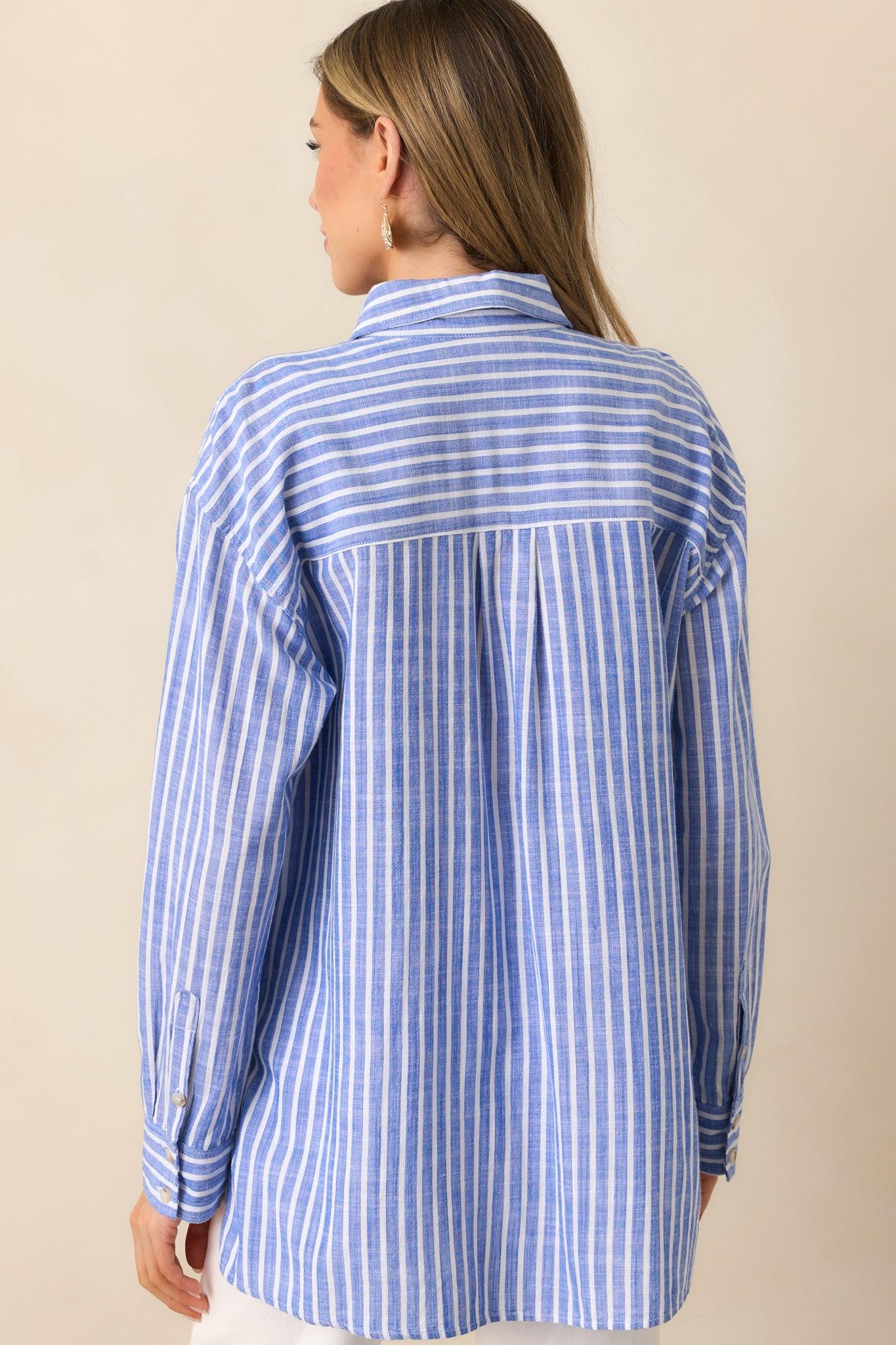 Coastline Cruise Blue Stripe Chambray Button Front Top Product Image