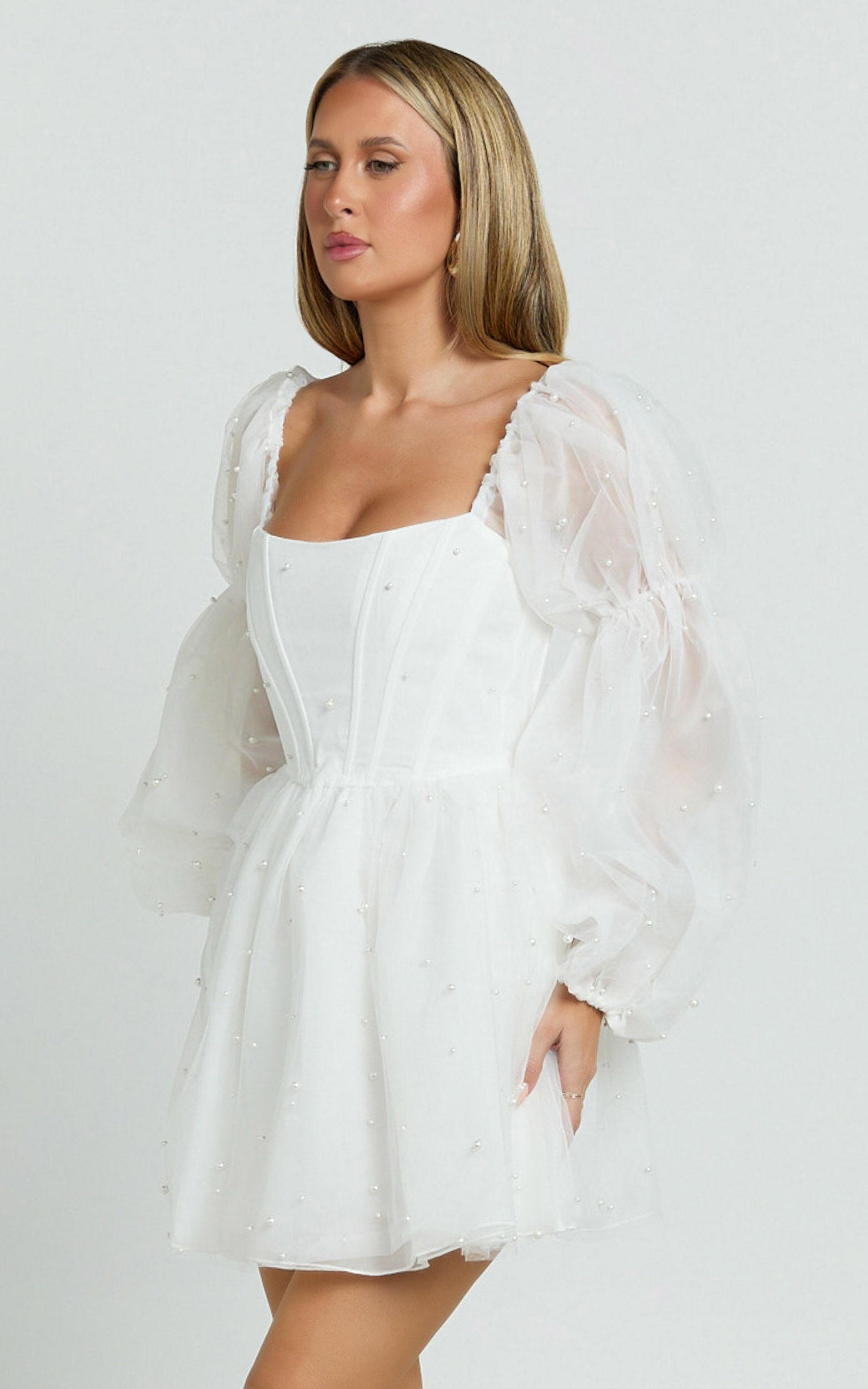 Ingrid Mini Dress - Long Puff Sleeve Pearl Detail Dress in White Product Image