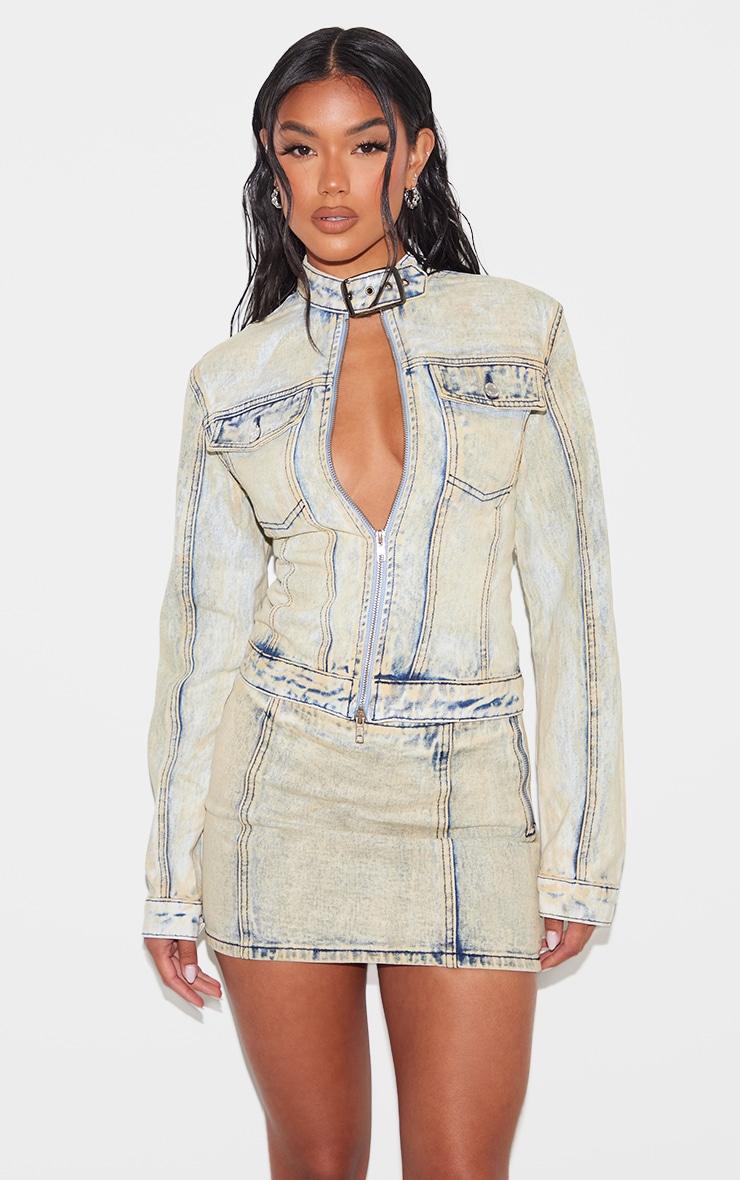 Light Blue Acid Wash Seam Detail Denim Mini Skirt Product Image