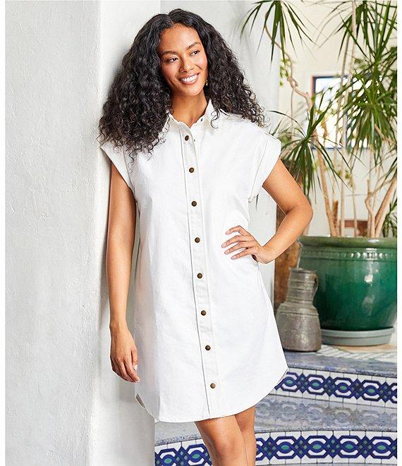 Karen Kane Denim Point Collar Cap Roll-Tab Sleeve Snap Front Shirt Dress Product Image