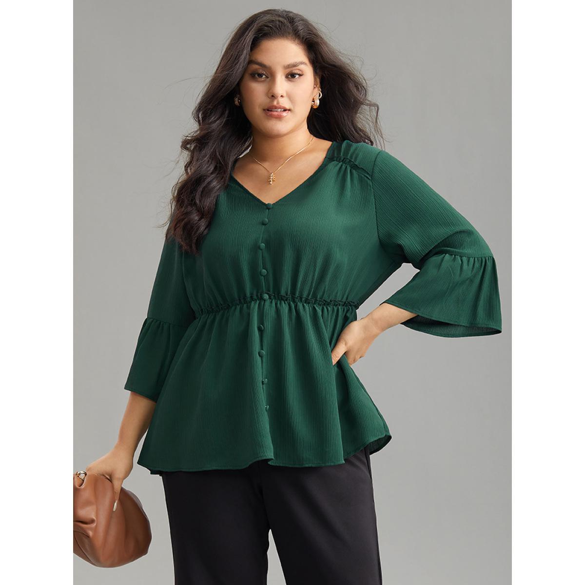 Plus Size DarkGreen Plisse Button Detail Elastic Waist Blouse Women Work From Home Elbow-length sleeve V-neck Office Blouses BloomChic 22-24/3X Product Image