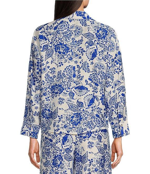 Calessa Petite Size Coordinating Antique Floral Point Collar Long Sleeve Tie-Front Blouse Product Image
