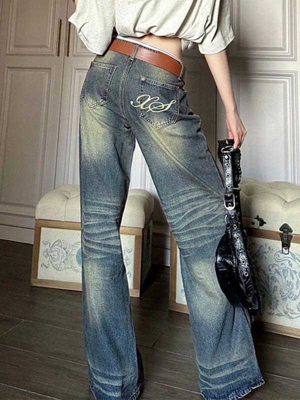 Vintage Wash Embroidery Boyfriend Jeans Product Image