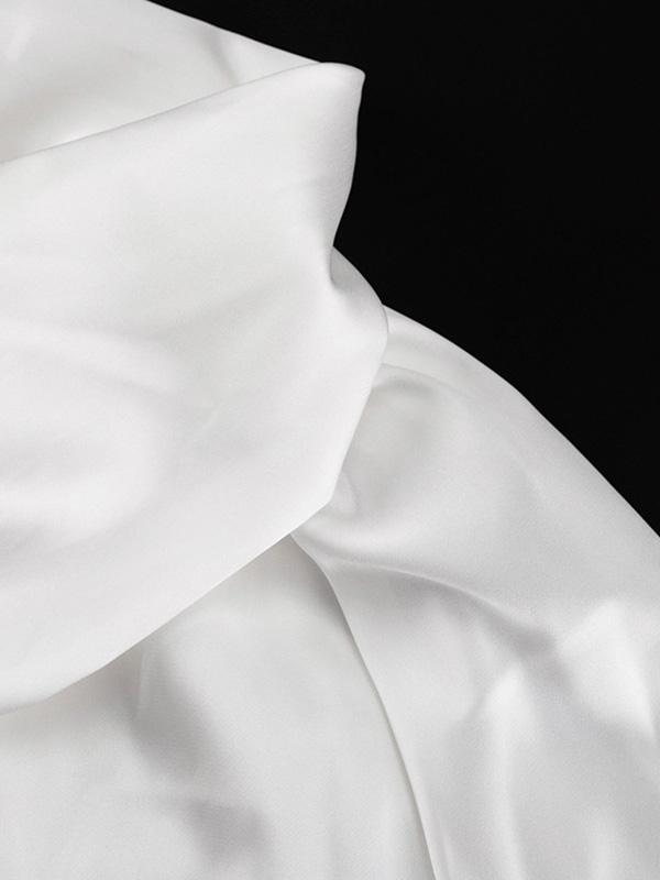 Loose Puff Sleeves Elasticity See-Through Solid Color Split-Joint Streamer High Neck Mini Dresses Shirt Dress Product Image