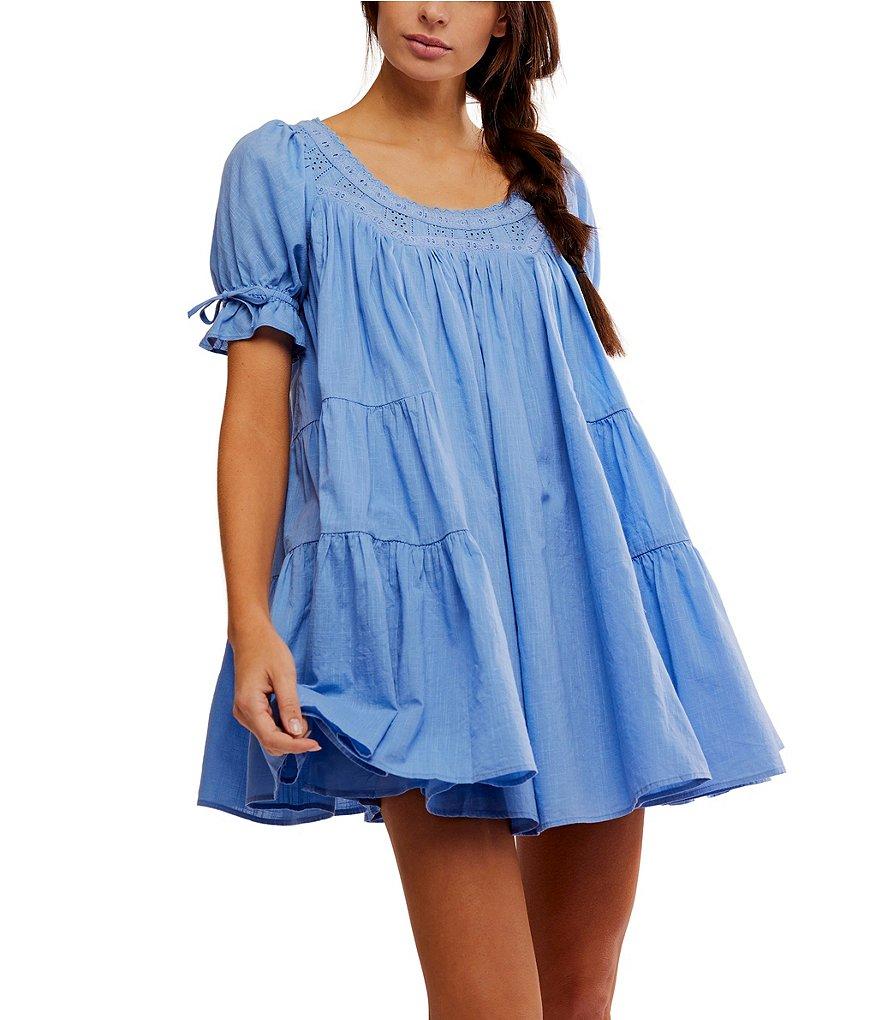 Free People Sandy Shores Scoop Neck Short Puff Sleeve Tiered Babydoll Mini Dress Product Image